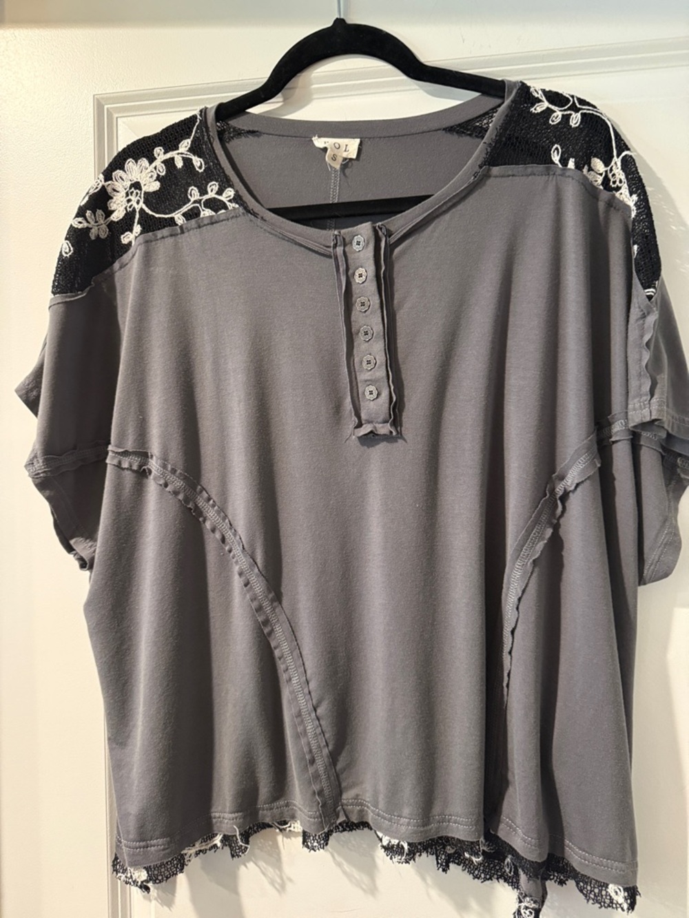 POL Grey Henley Top with Black Embroidered Shoulder Panels